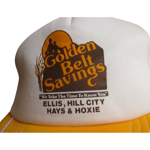 Vintage Golden Belt Savings Trucker Hat Yellow & White Mesh Snapback One Size - Picture 2 of 5
